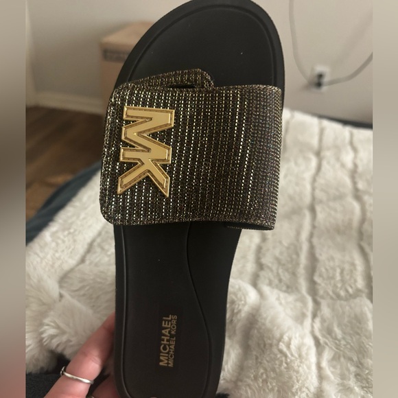 Michael Kors Black Slides with Gold Logo - Picture 2 of 3